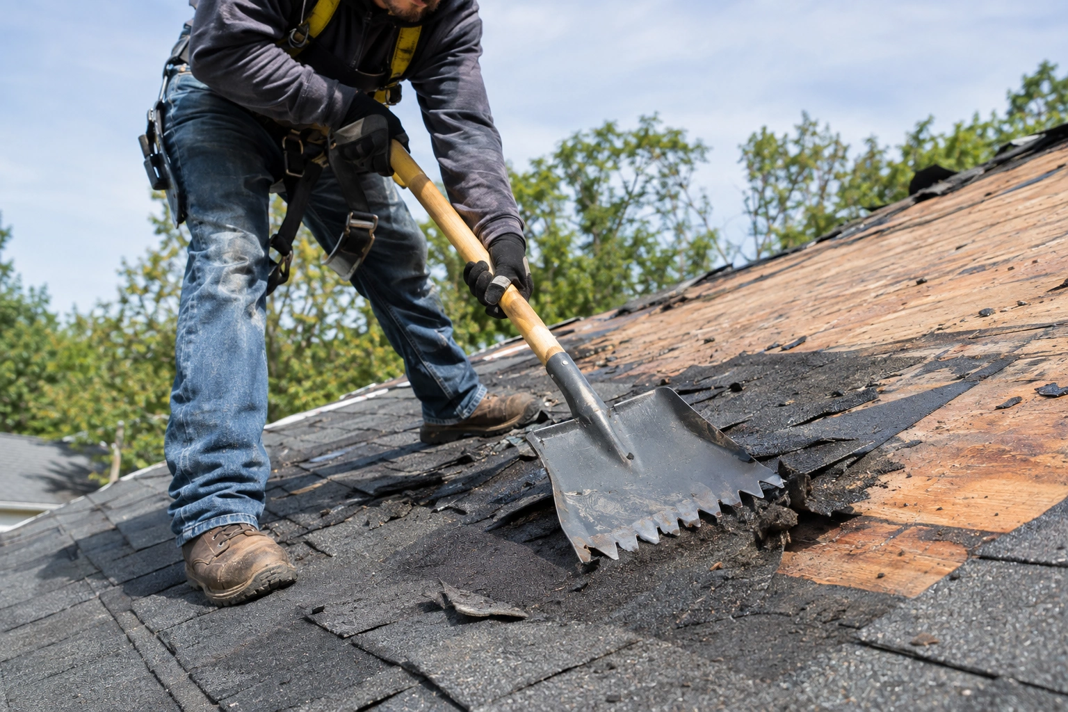 Pala de roofing usada para retirar tejas asfálticas en un techo.