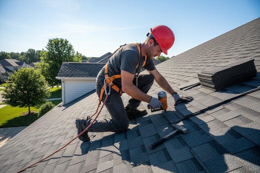 Professional residential roofing contractor installing architectural shingles during a roof replacement.