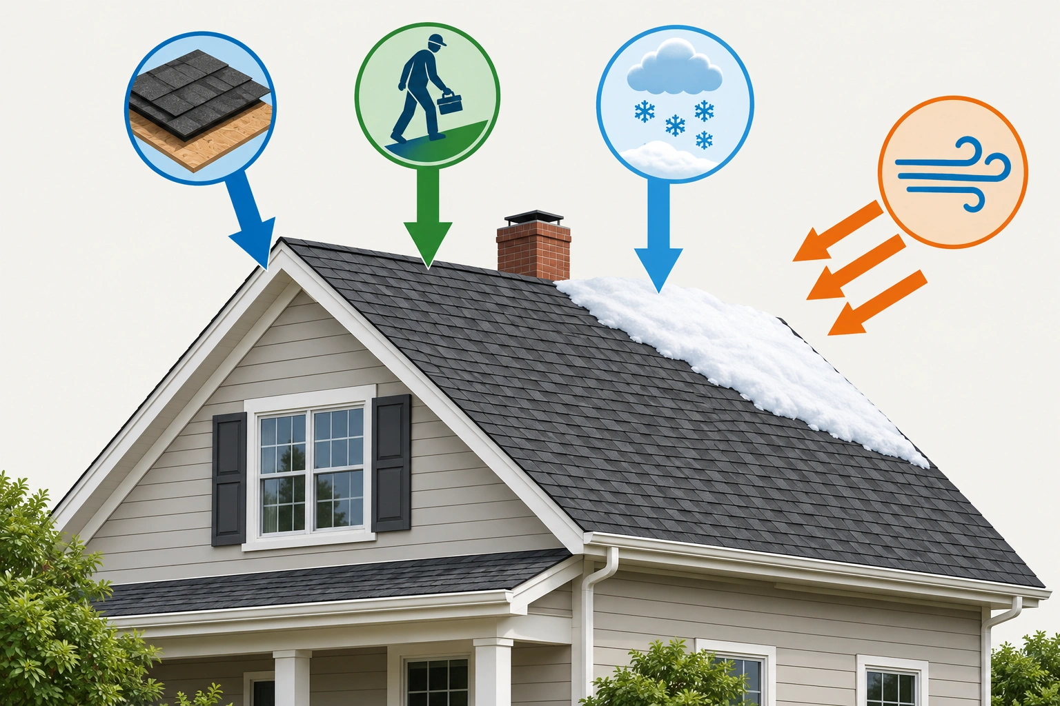 Diagram showing dead load, live load, snow load, and wind load on a residential roof.