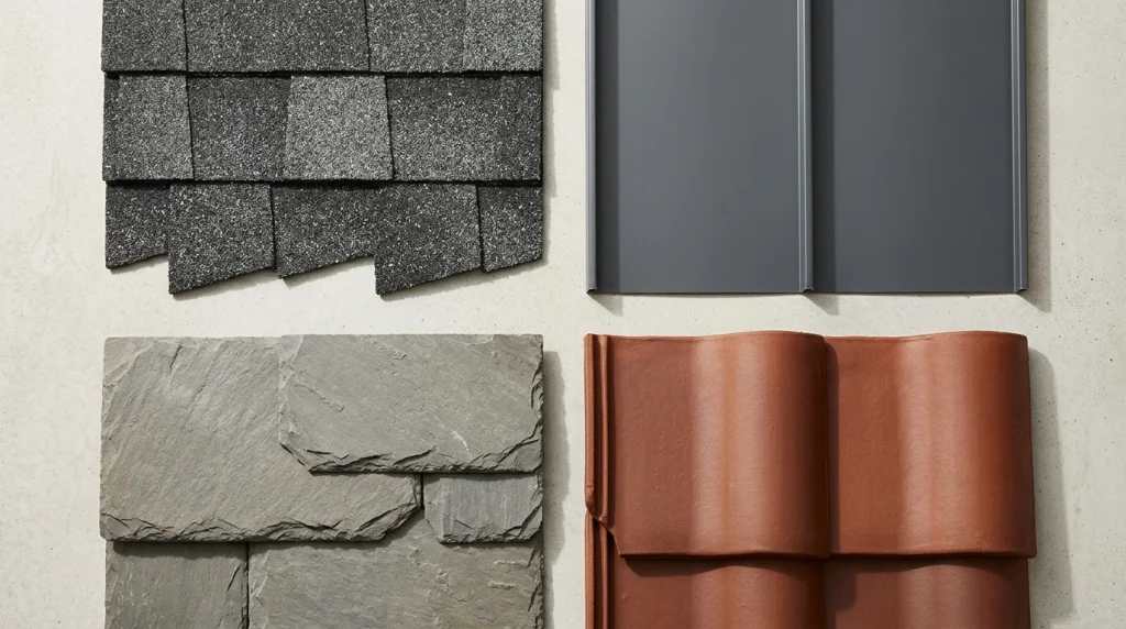 Roofing material comparison showing asphalt shingles metal roof panels natural slate and clay roof tiles