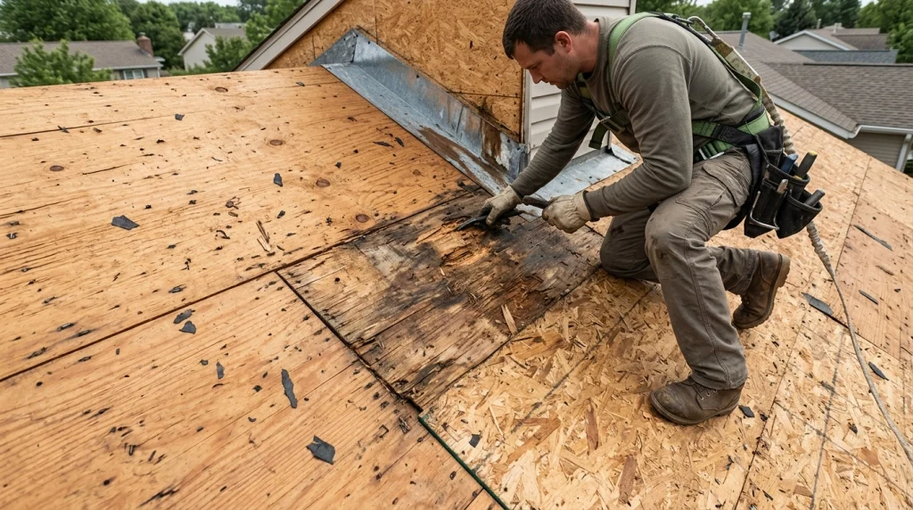 Roof decking inspection after roof tear-off reveals damaged sheathing