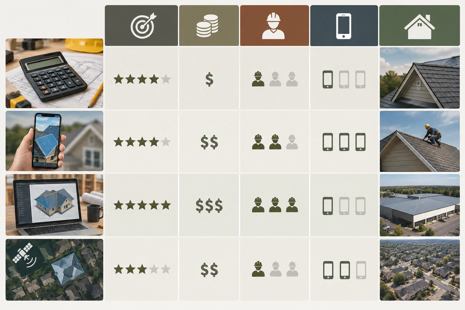 Comparison table for roof estimator tool types and buying criteria
