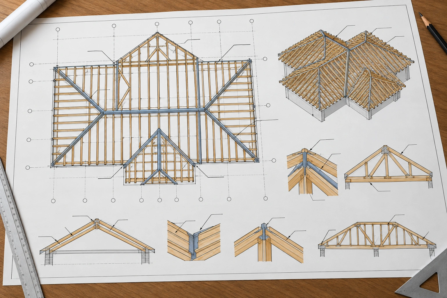 Roof framing plan drawing with labeled structural roof members