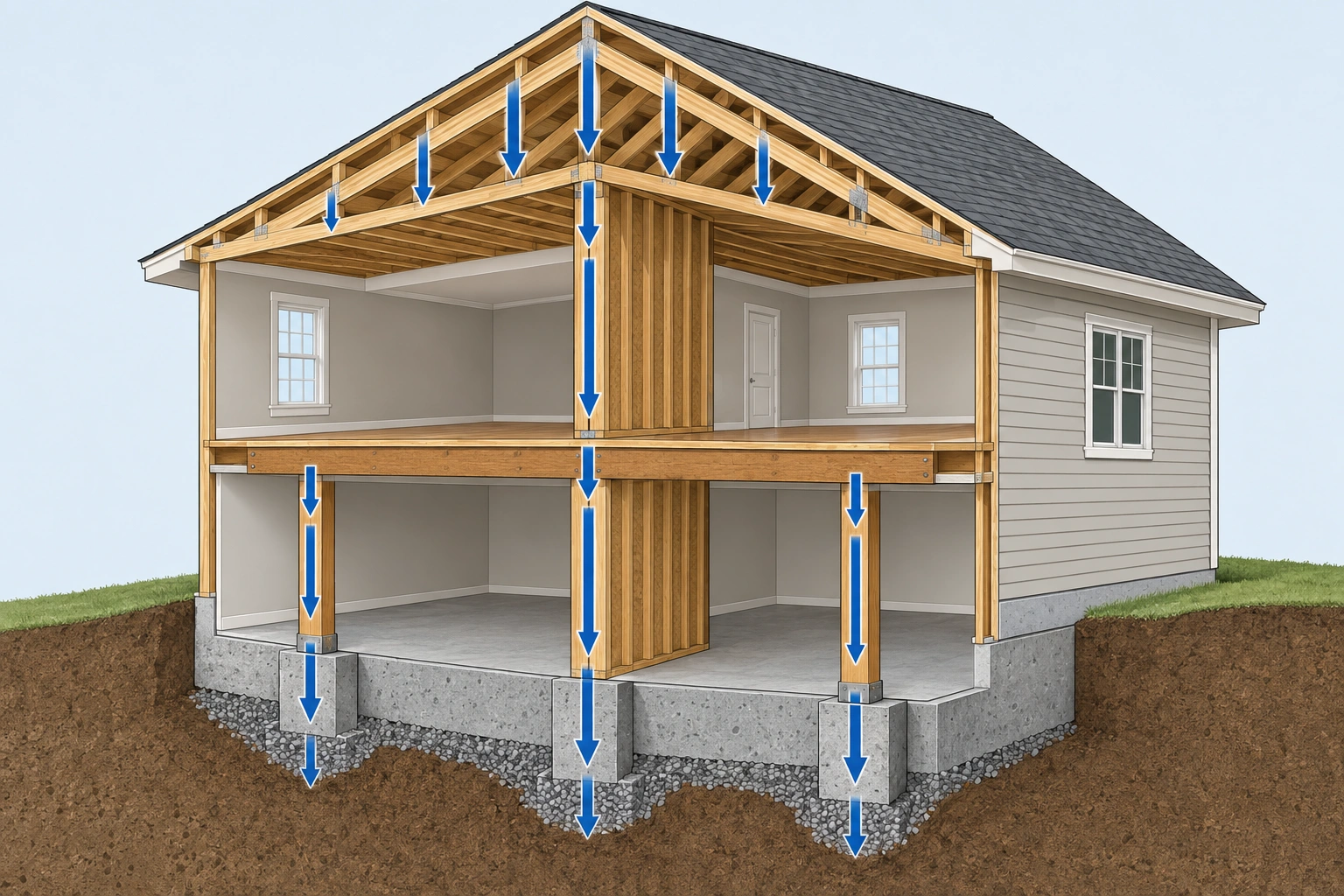 Diagram showing roof load path through a load-bearing wall to the foundation