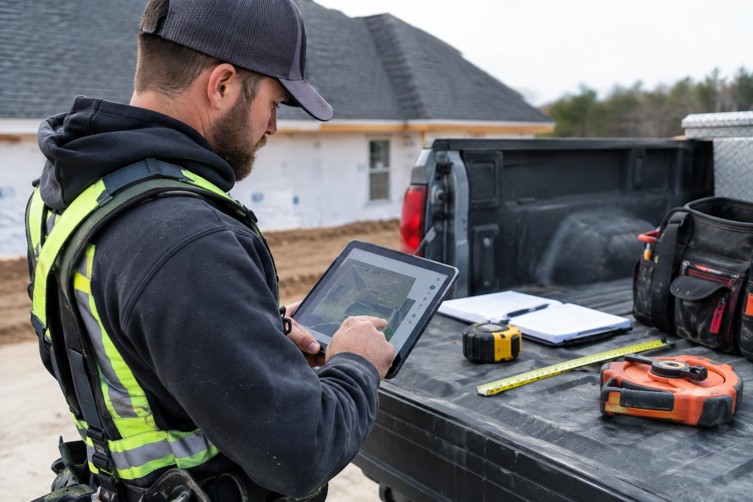 Roofing contractor comparing roof measurement tools for accurate estimates