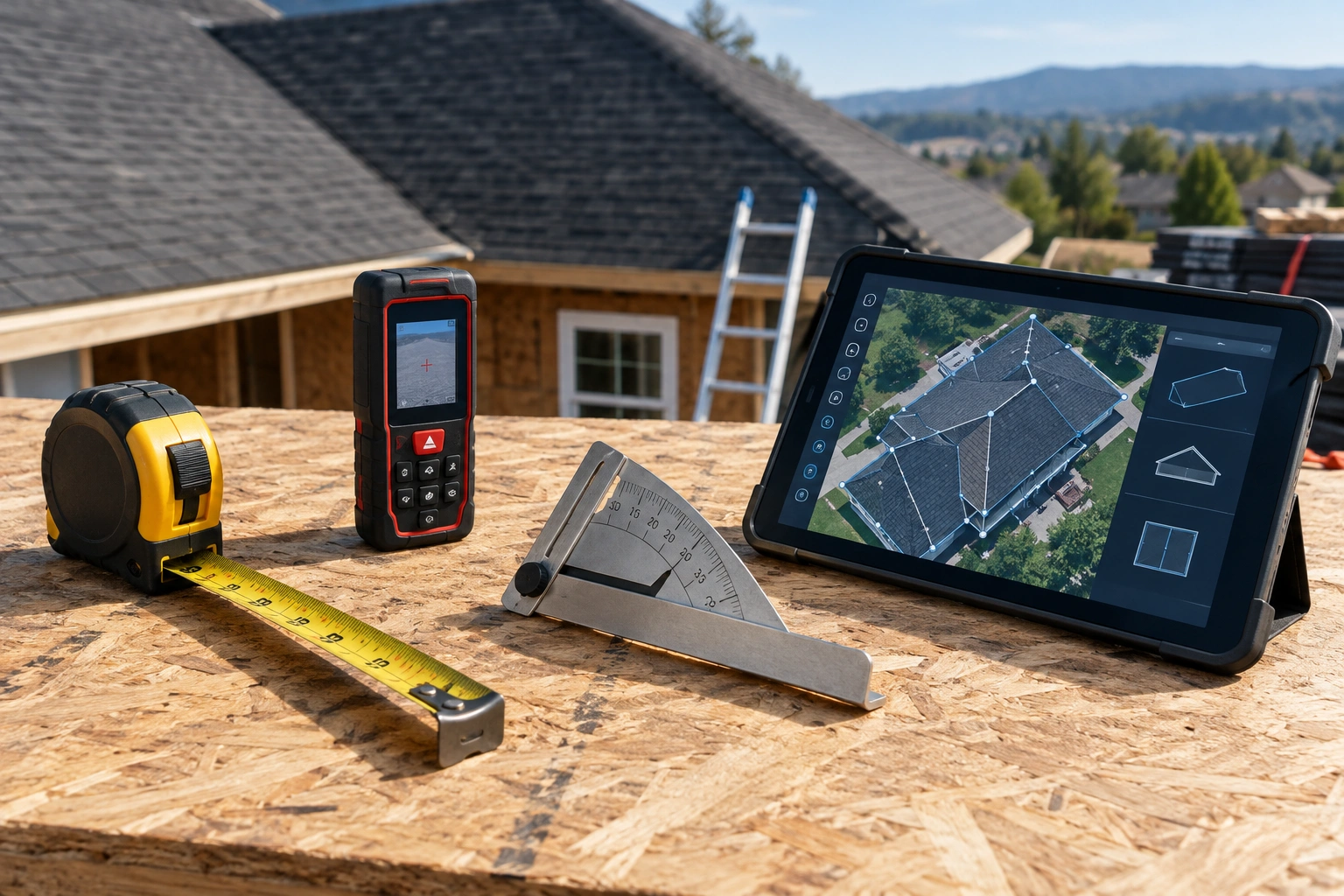 Comparison of roof measuring tools including tape measure, laser measurer, pitch gauge, and roof measurement software