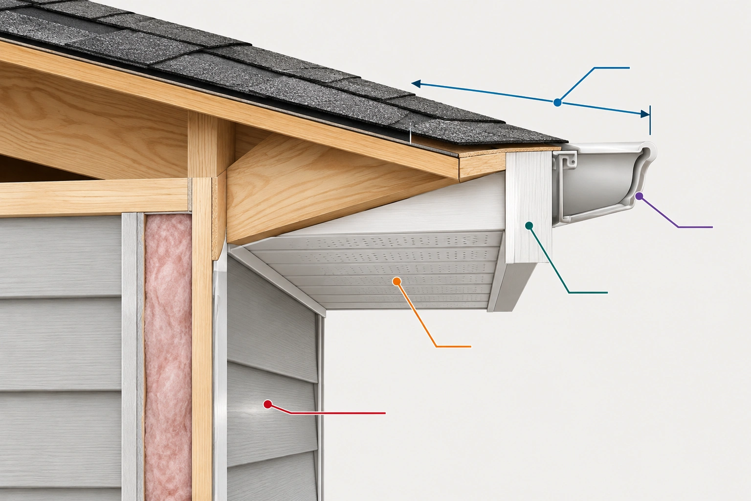 Diagram of a roof overhang showing the eave, soffit, and fascia