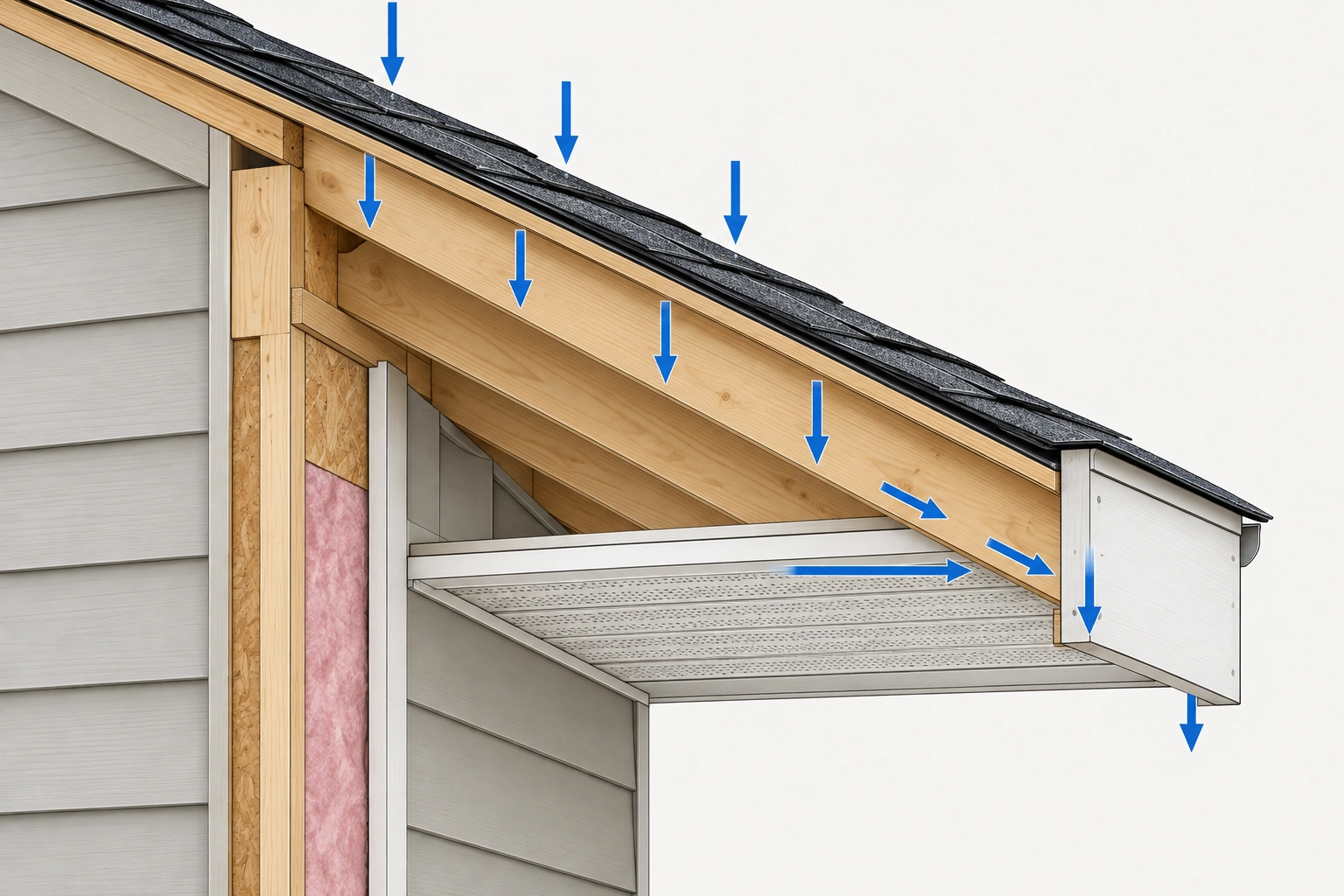 Diagram of roof overhang support showing rafter tails, fascia, and soffit