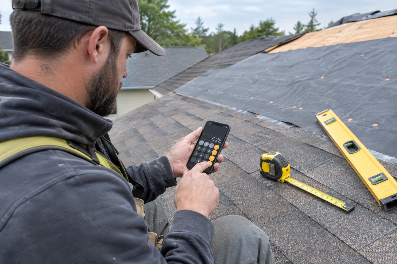 roofing professional using a roof pitch calculator tool on site