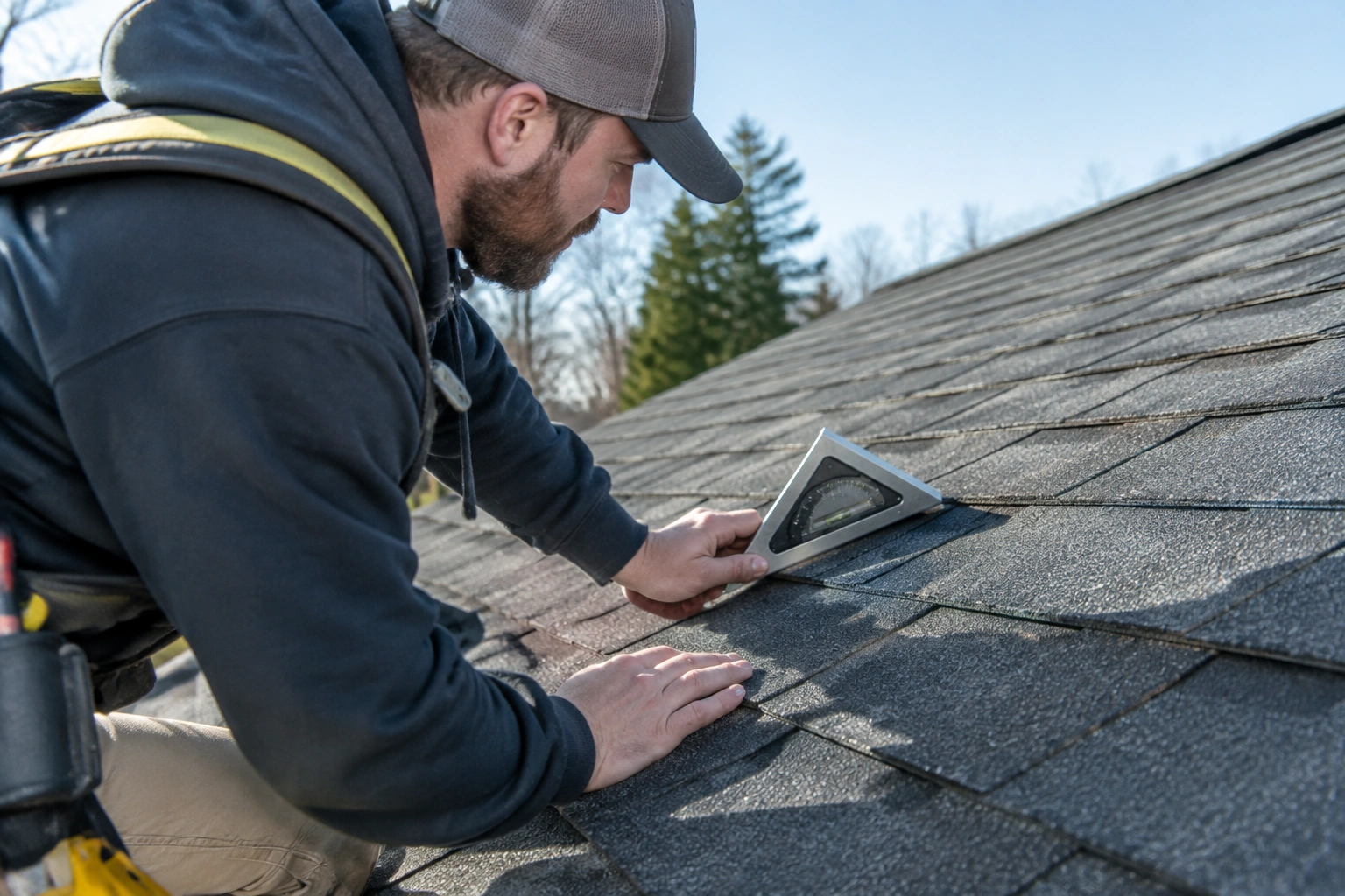 Roofing professional using a roof pitch tool to measure roof slope