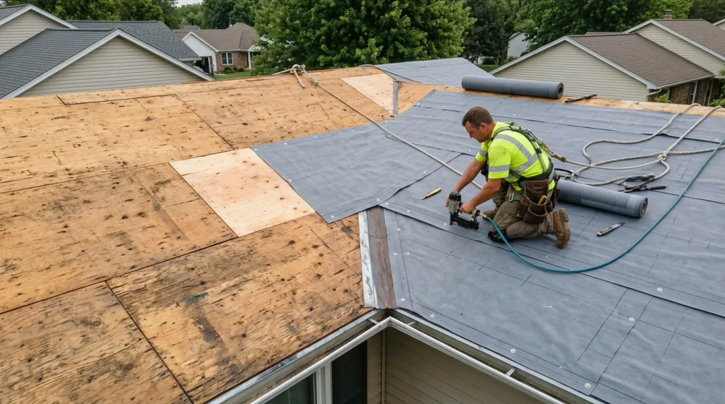 Roof underlayment installation after old roof removal and decking repair
