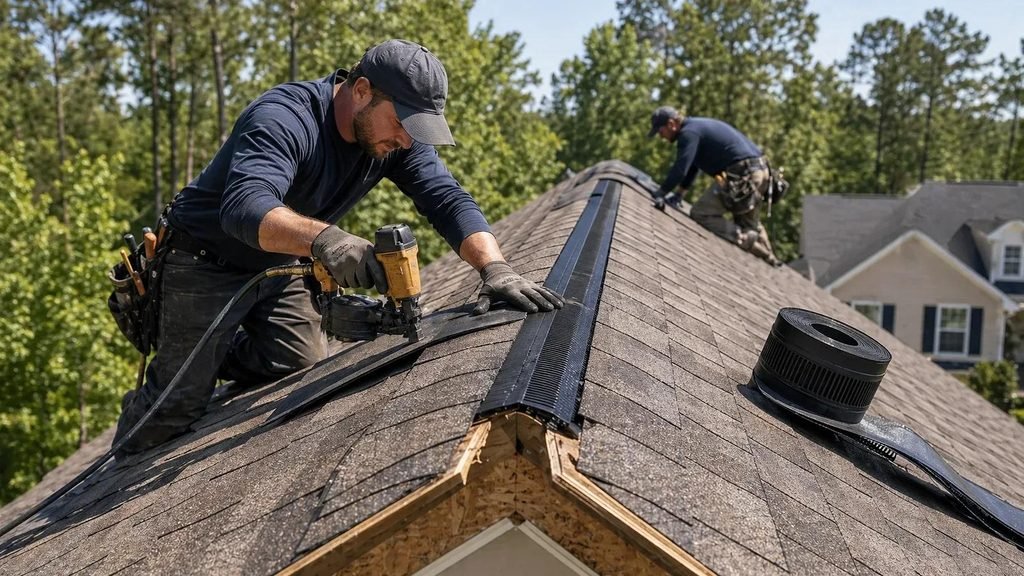 How is roof ventilation handled during replacement with ridge vent installation