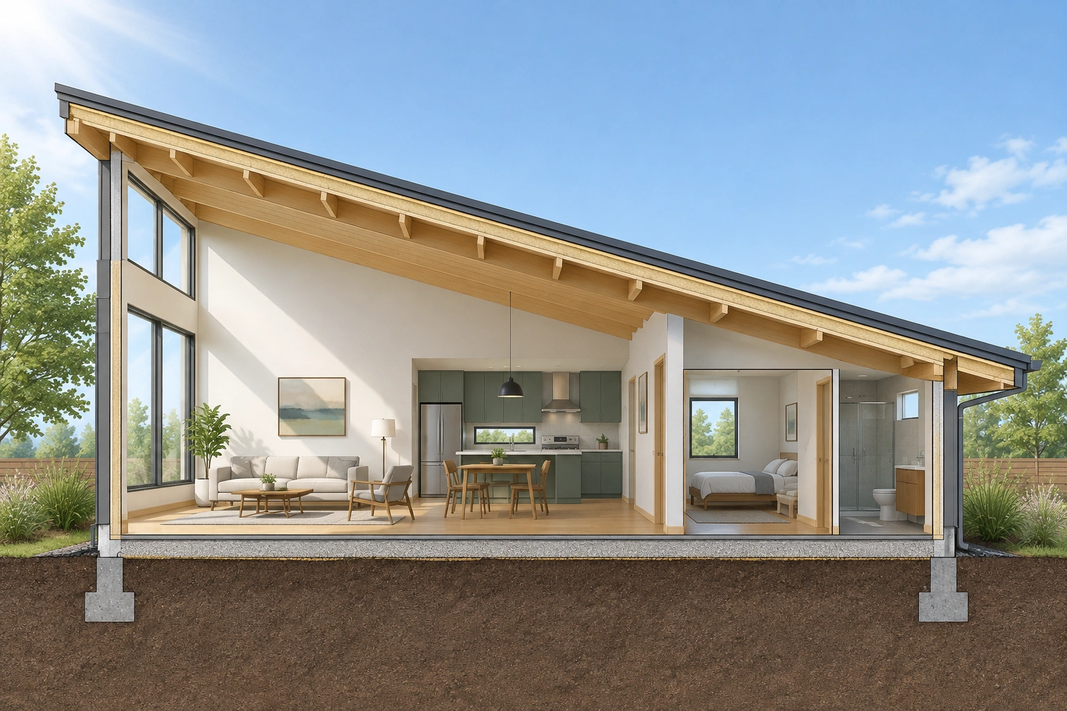Diagram showing a single-slope shed roof over a simple house form