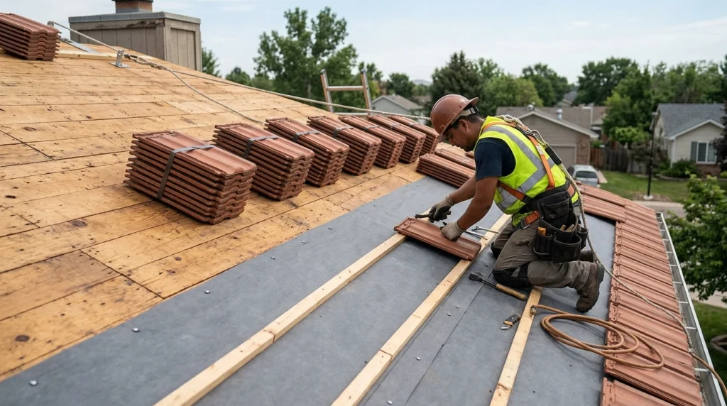 tile roof replacement process showing roof decking and underlayment