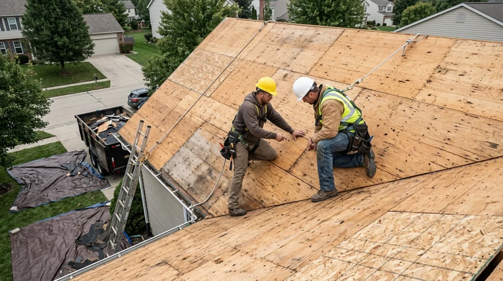 What happens after the old roof is removed during a residential roof replacement